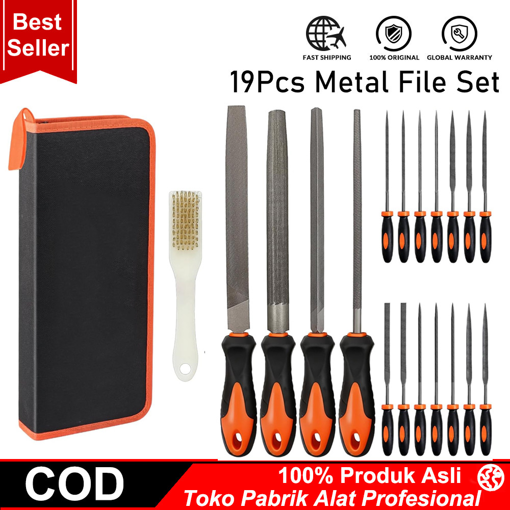 Set Kikir Besi 19 Pcs Baja T12, Kikir Mini & Besar untuk DIY Kayu dan Logam, Lengkap dengan Sikat