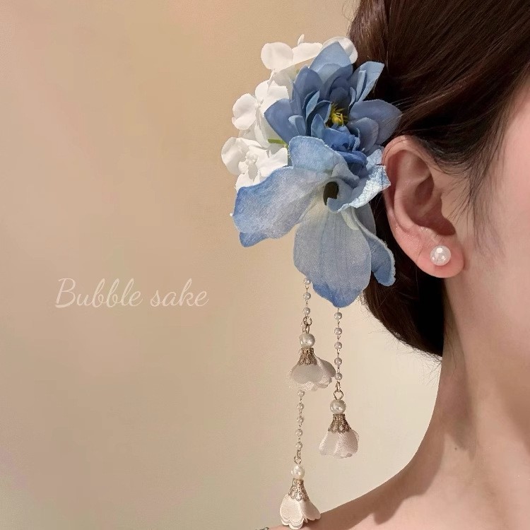 Jepit Rambut Rumbai Bunga Biru Gaya Kuno Muda Warna Biru Baru