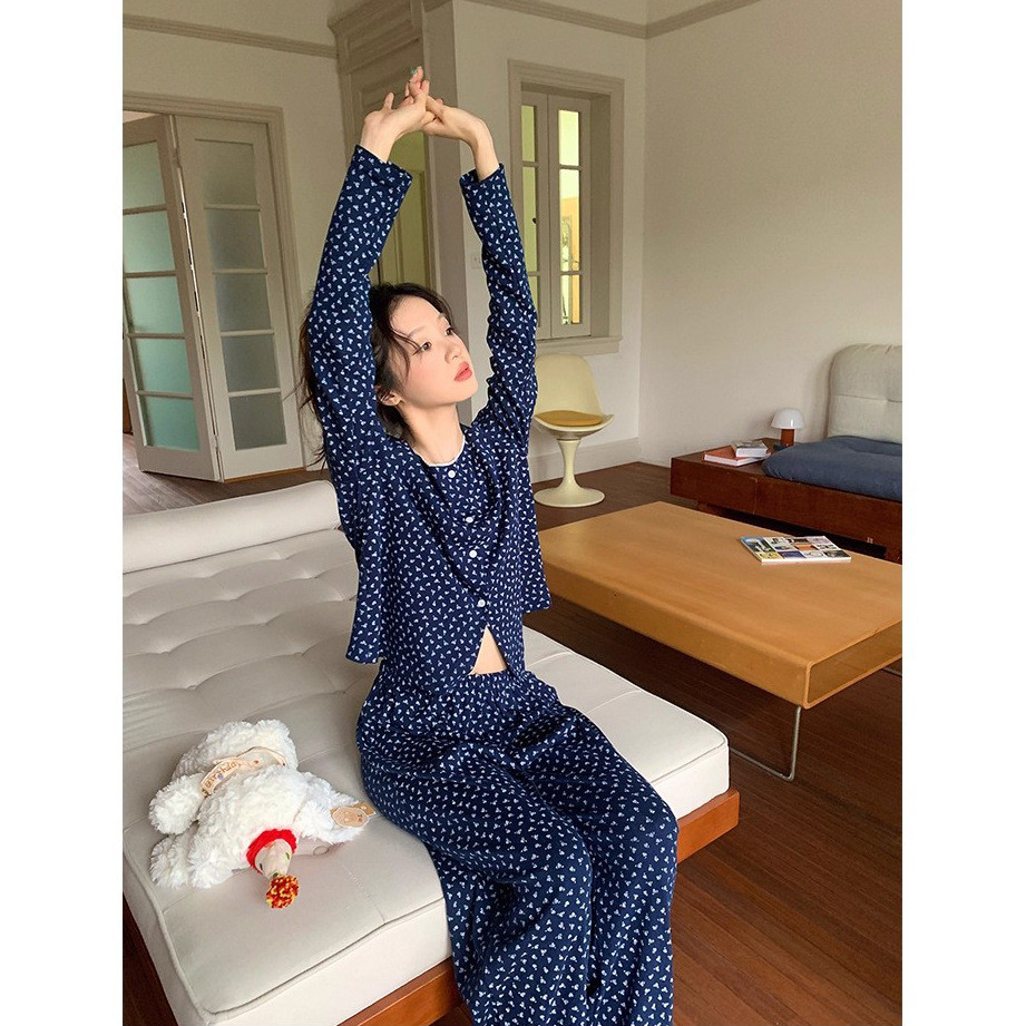 Biru Motif bunga Piyama Wanita Lengan panjang Set piyama Renda Border hias Baju rumah Ukuran besar B