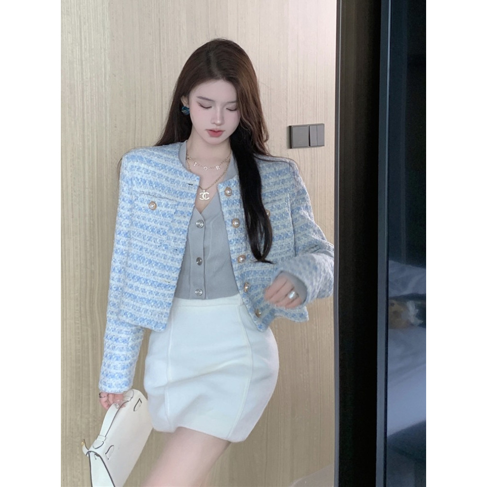 summer tweed blazer outer biru muda wanita panjang kekinian jumbo terbaru 2025 pesta korean style me