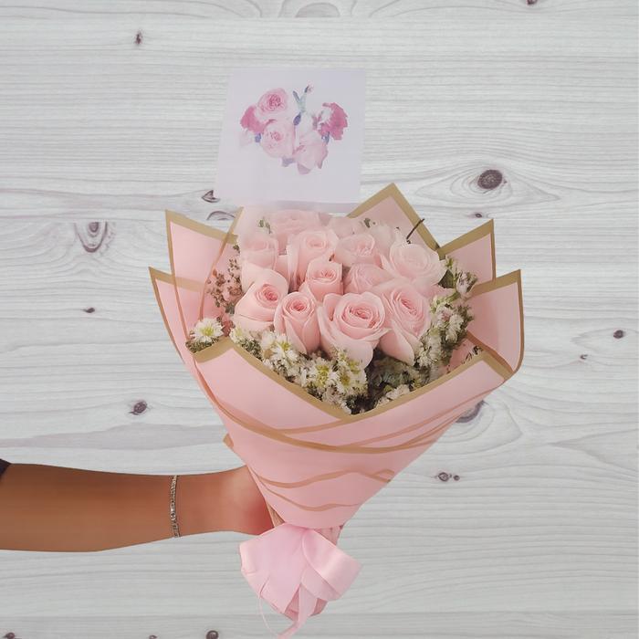 Handbouquet bunga mawar pink muda asli hadiah wisuda Biru Buket Gold Kertas