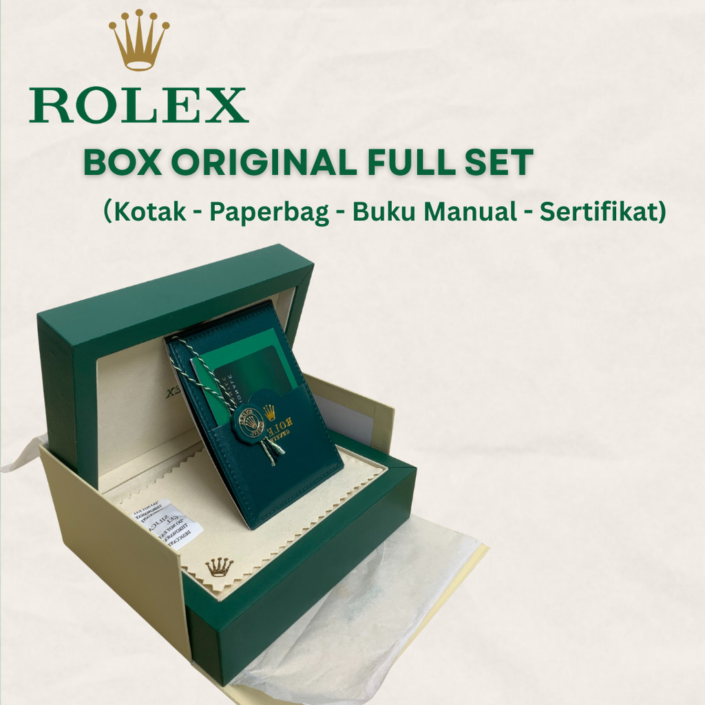 Kotak jam tangan warna hijau Original Rolex lengkap dengan paperbag sertifikat buku manual Bisa COD