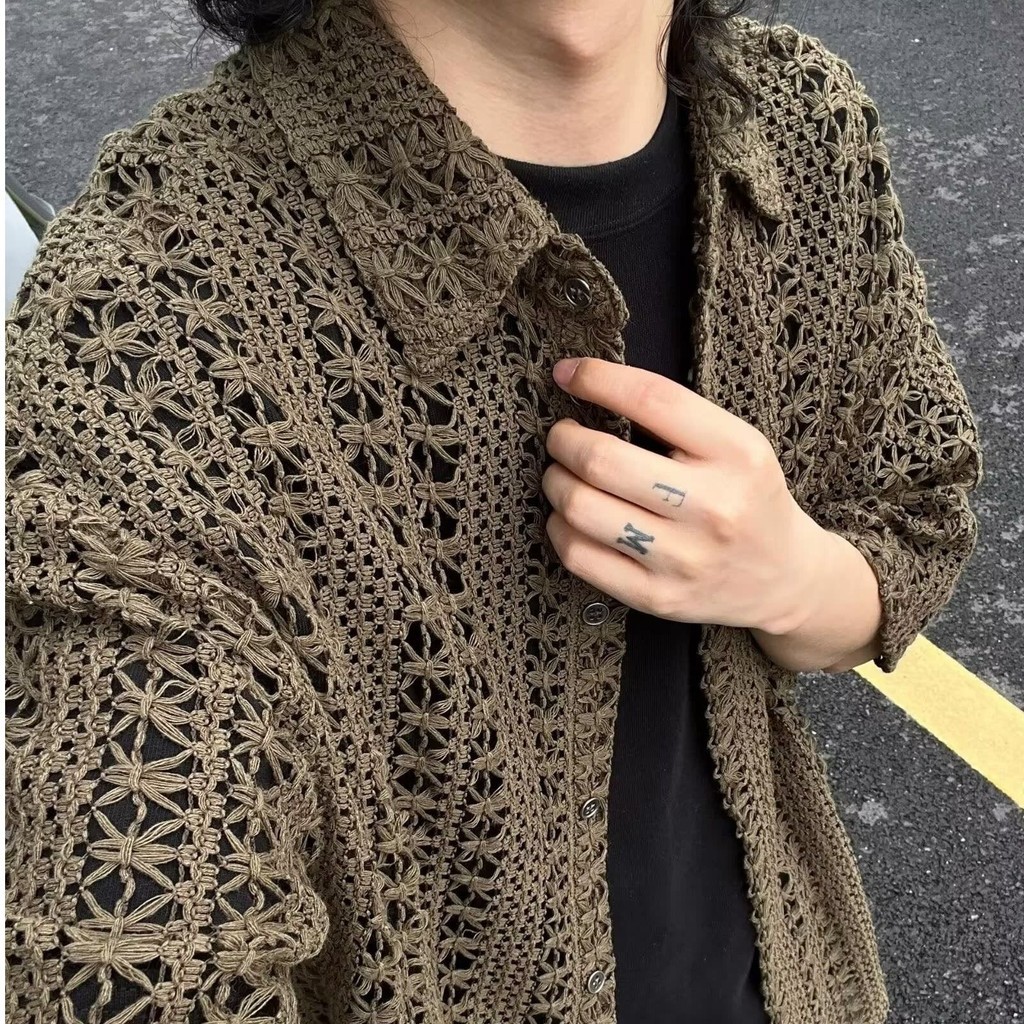 Kemeja Rajutan Pria - Model Hollow Out Bohemian - Warna Coklat & Bernuansa Grunge