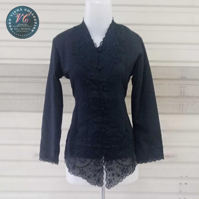 Atasan Kebaya Encim Modern Lengan Panjang Motif Polos Bahan Cotton Warna Hitam - 5XL