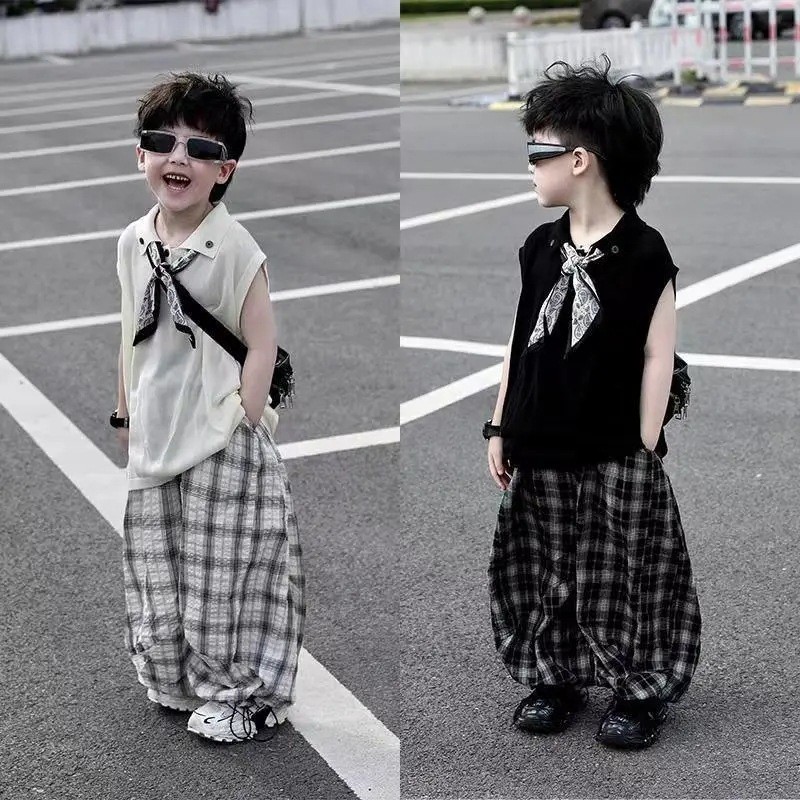 Set Anak Laki-Laki Rompi Tanpa Lengan Sweater Rajut Set Dua Potong Anak Laki-Laki