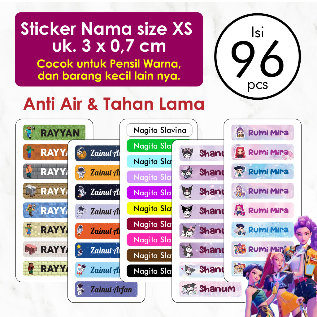Stiker Label Nama Anak Custom Ukuran Xs isi 96 pcs Label Nama Anak Waterproof Tahan Air Stiker Pensi