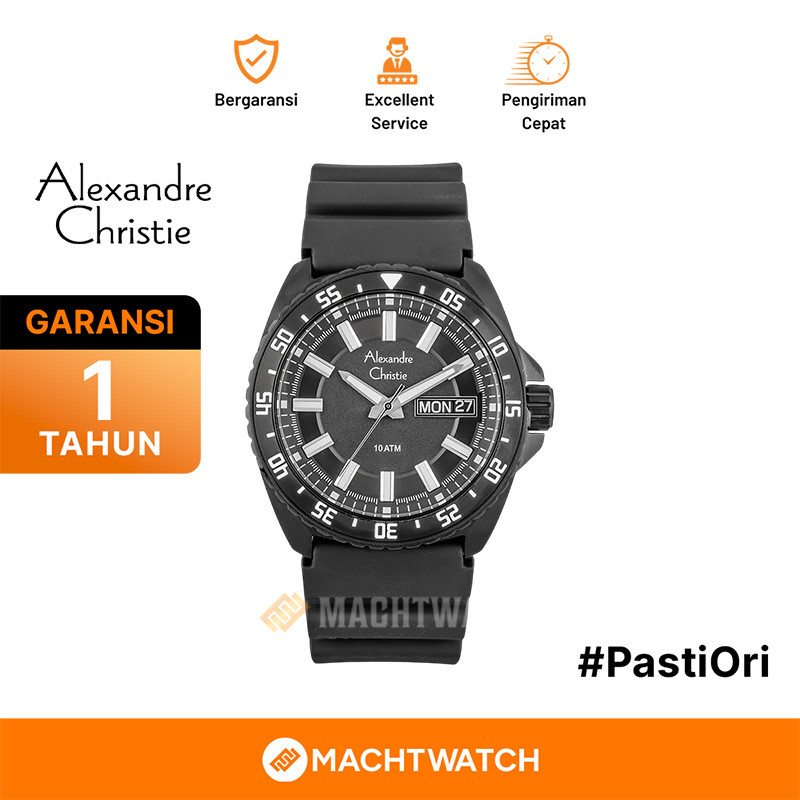 Jam Tangan Pria Alexandre Christie AC 6541 ME RIPBA Men Black Dial Black Rubber Strap