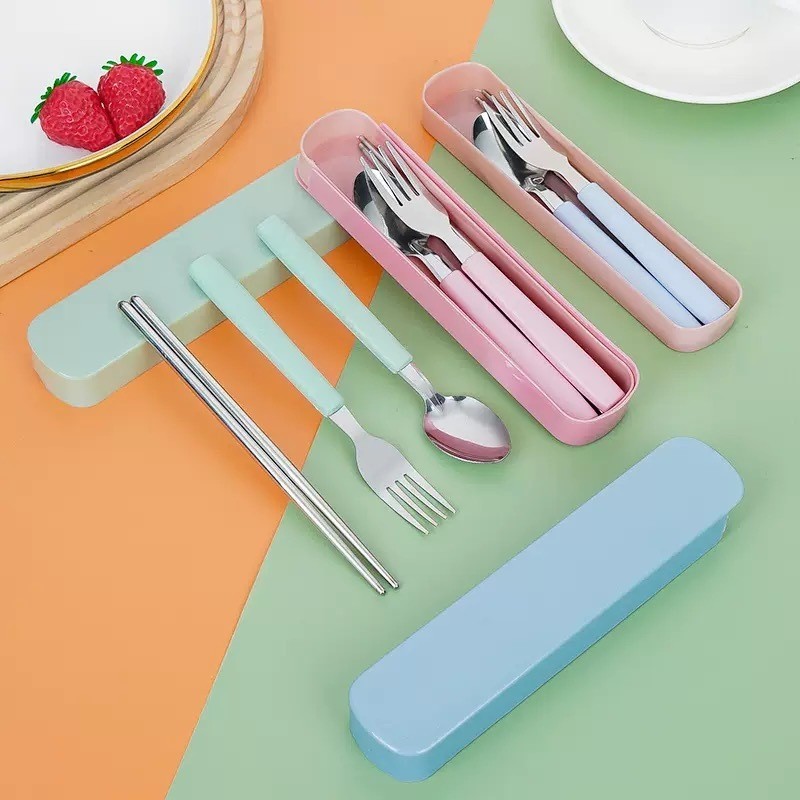 Beserta Box Dus Packaging Set 3 in 1 Sendok Garpu Sumpit Portable Travelling Alat Makan Bahan Stainl