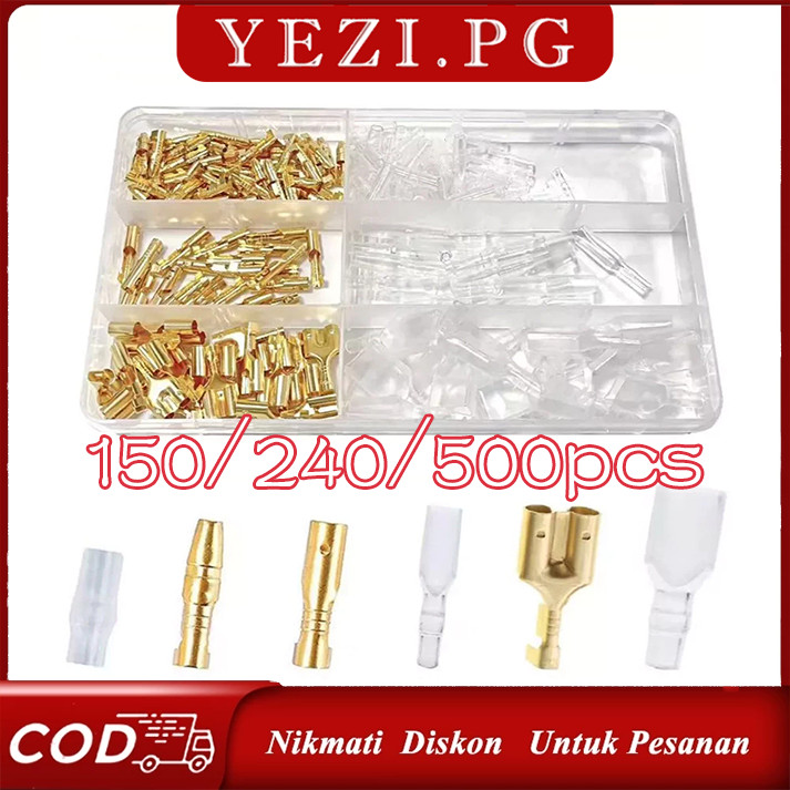 Skun Kabel Kuningan 150/240/500pcs Terminal Bulat Gepeng Jantan Betina Lengkap