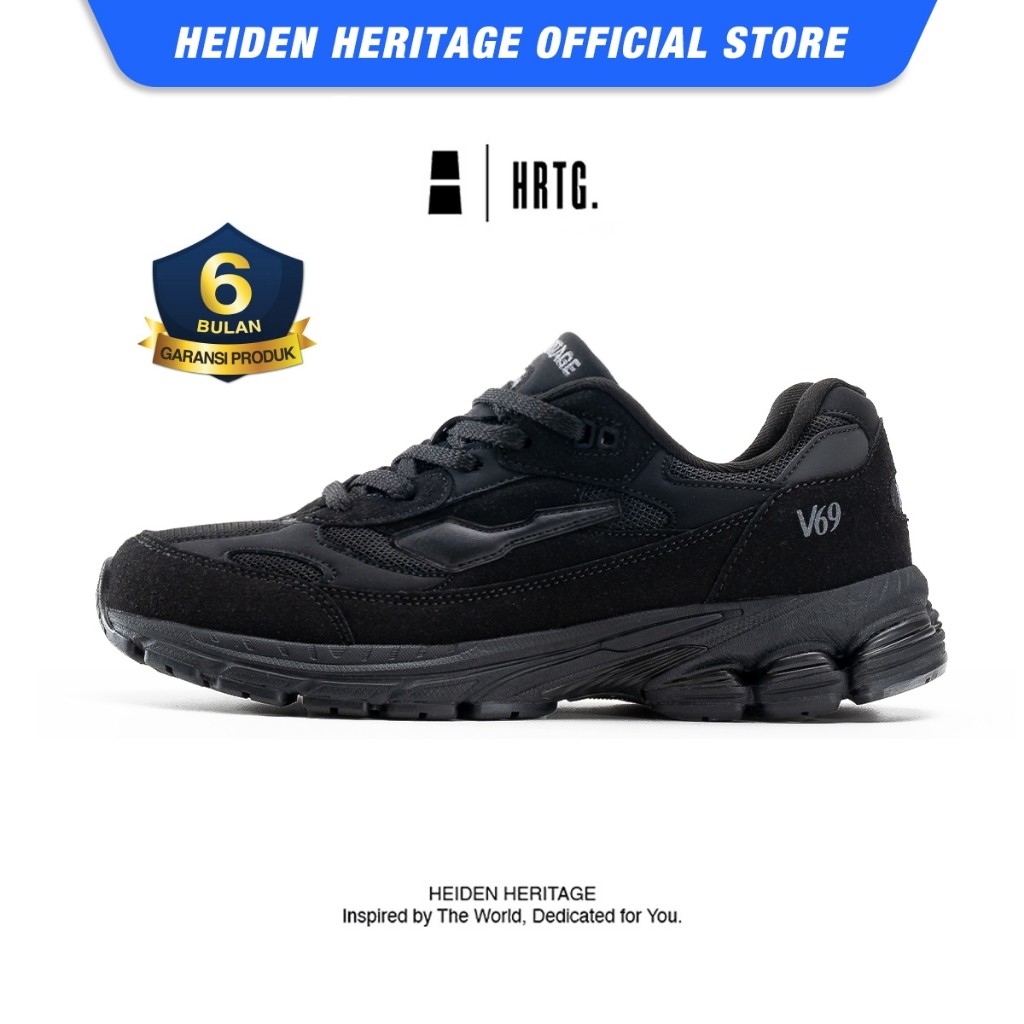 HEIDEN HERITAGE [HRTG] - HRTG V69 - FULL BLACK - Sepatu Sneakers Sekolah Casual Sport Pria Lokal Hit