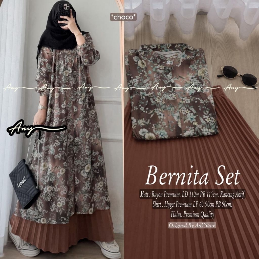 Bernita Set Rok Setelan Tunik Motif Bunga + Rok Plisket Premium Quality / Setelan Rok Terbaru 2026