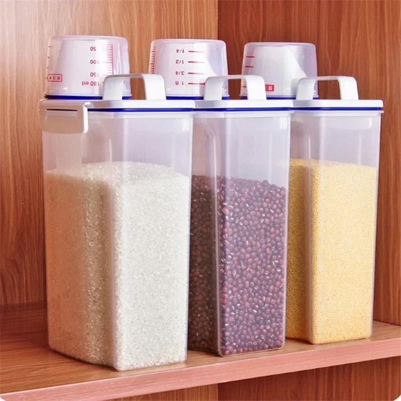 1/2/3Pcs 2KG Transparent Sealed ect-Proof Moistureproof Rice Bucket with Measuring Cup Cereal Food S