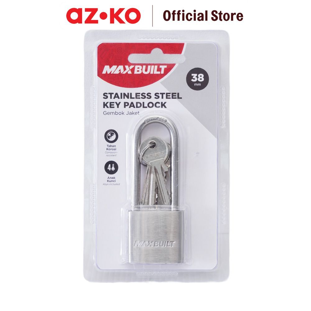 AZKO Maxbuilt 3.8 cm Gembok Stainless Steel Brass Cylinder Long Shackle - Silver Padlock Kunci Rumah
