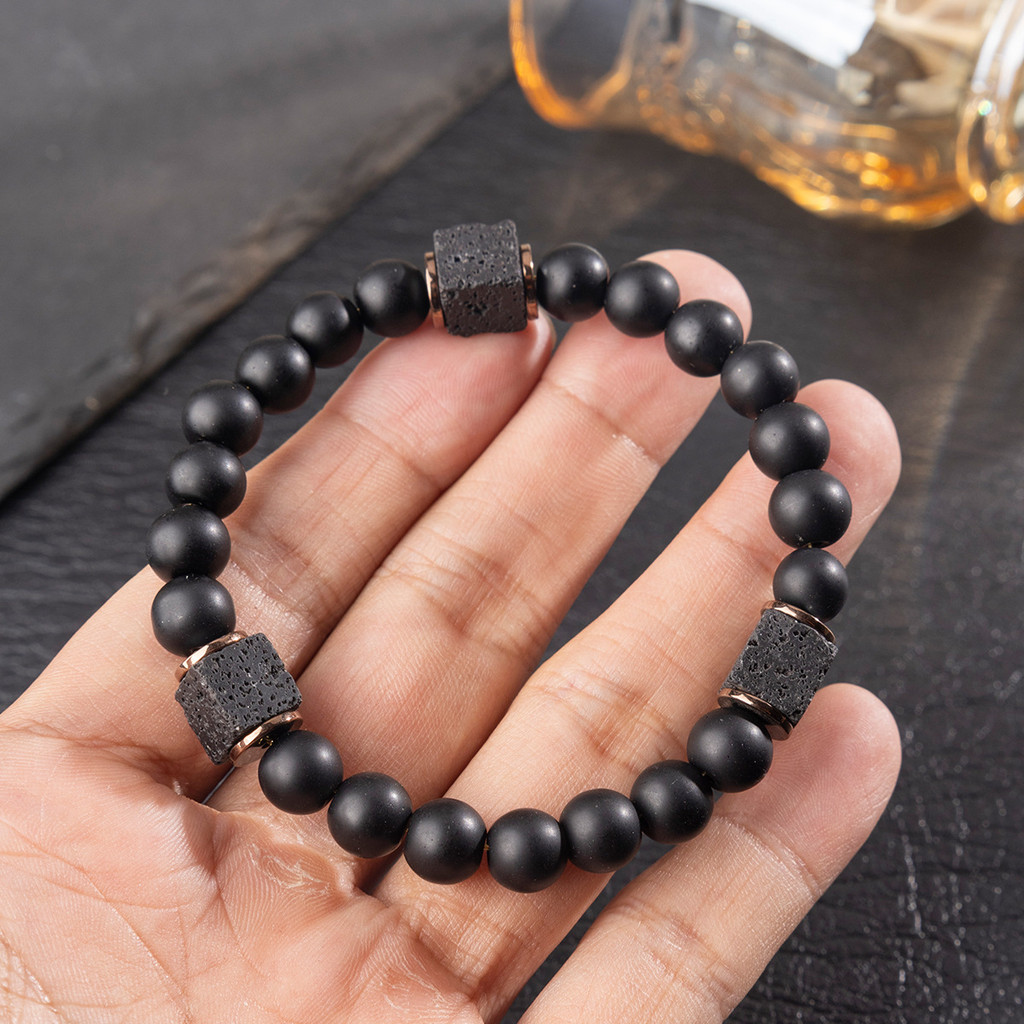 Gelang Hitam Matte Volcanic Stone, Gelang Pria Lampu Luxury