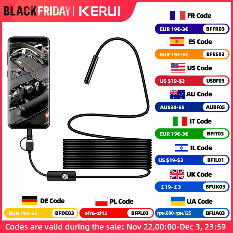 7MM Android Endoscope Camera 3 IN1 Micro USB Type C Borescope Mini Camera Waterproof LED Car pection