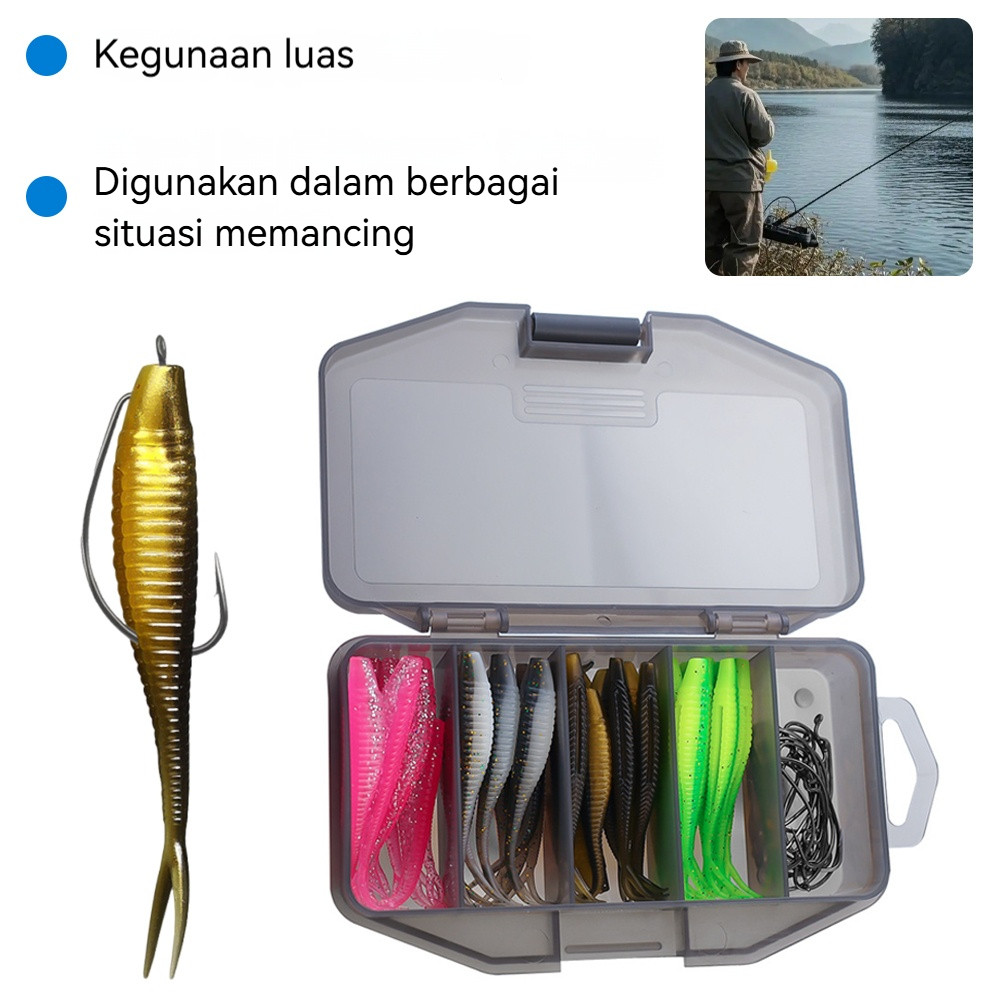 61Pcs Umpan Lembut Memancing Set Box, Kotak Umpan Memancing Ikan Tiruan Bahan Karet Silikon untuk Me