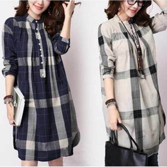 Gaun Kemeja Katun Linen Kotak-Kotak Panjang Sedang Ukuran Plus