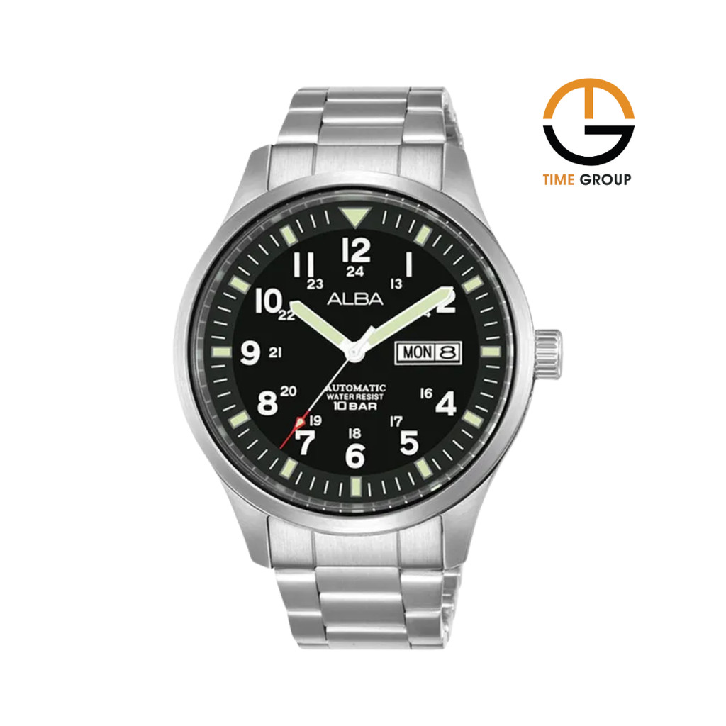 JAM TANGAN PRIA ALBA MECHANICAL FIELD MILITARY AL4213X1 AUTOMATIC BLACK DIAL SILVER STAINLESS STRAP