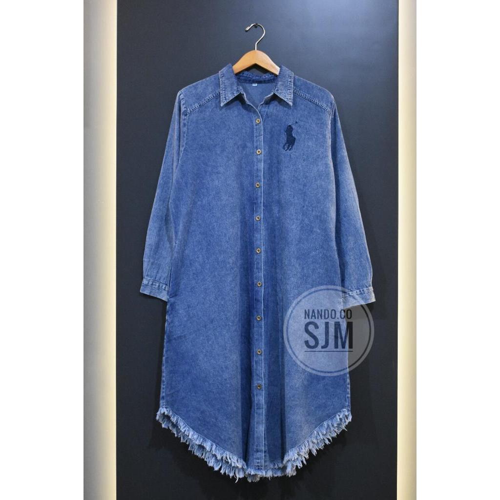 SJM KEMEJA LONG TUNIK POLO** WANITA LENGAN PANJANG ATASAN BAHAN DENIM JEANS FIT L XL XXL XXXL 992