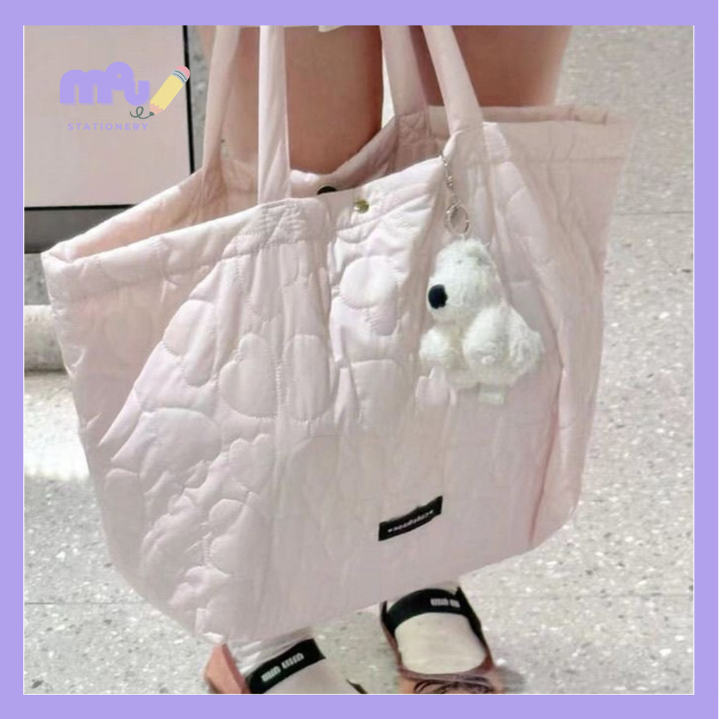 [MOUMOU] Tas Tote Bag Pink Heart Puffy Wanita Pilates Olahraga Laptop Daily Use