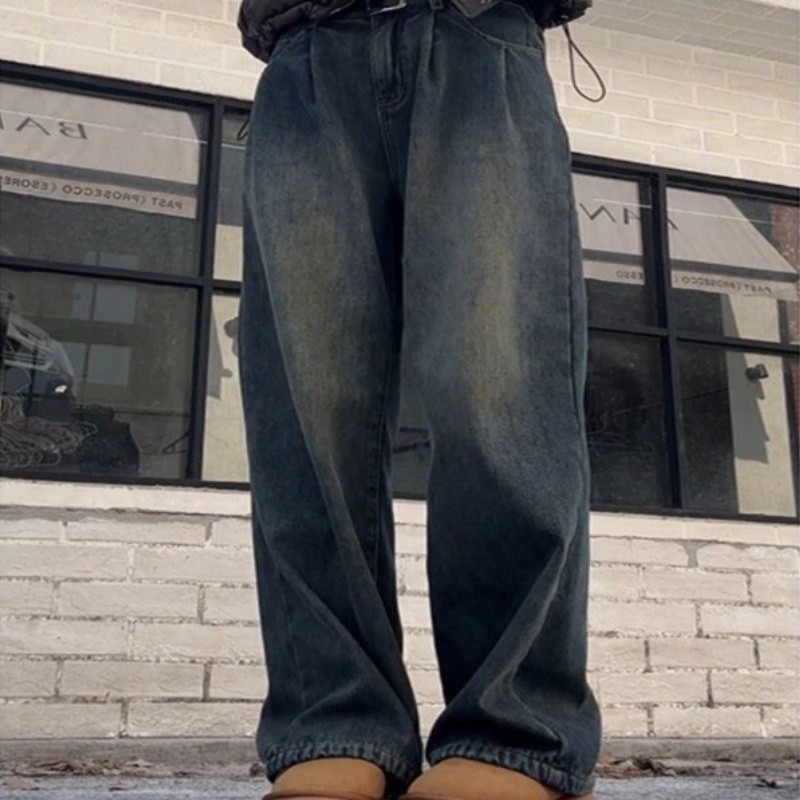 [Dia raja] Vintage jeans bekas dicuci desain tipis pria ceruk longgar lurus celana panjang kaki