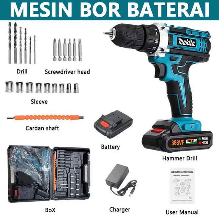 Makita 766V/388V Mesin Bor Listrik Bor Baterai Cordless Drill 10mm Set Mesin Bor - 388VF 1B+BOX