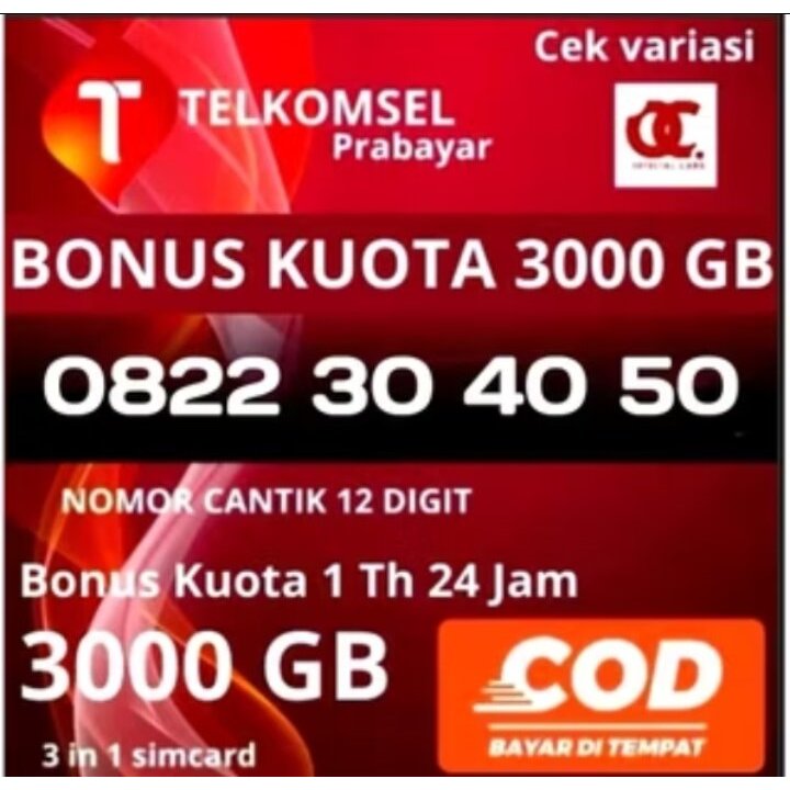 Nomor kartu cantik Telkomsel prabayar 10 digit bonus kuota 3000GB 3 Tahun