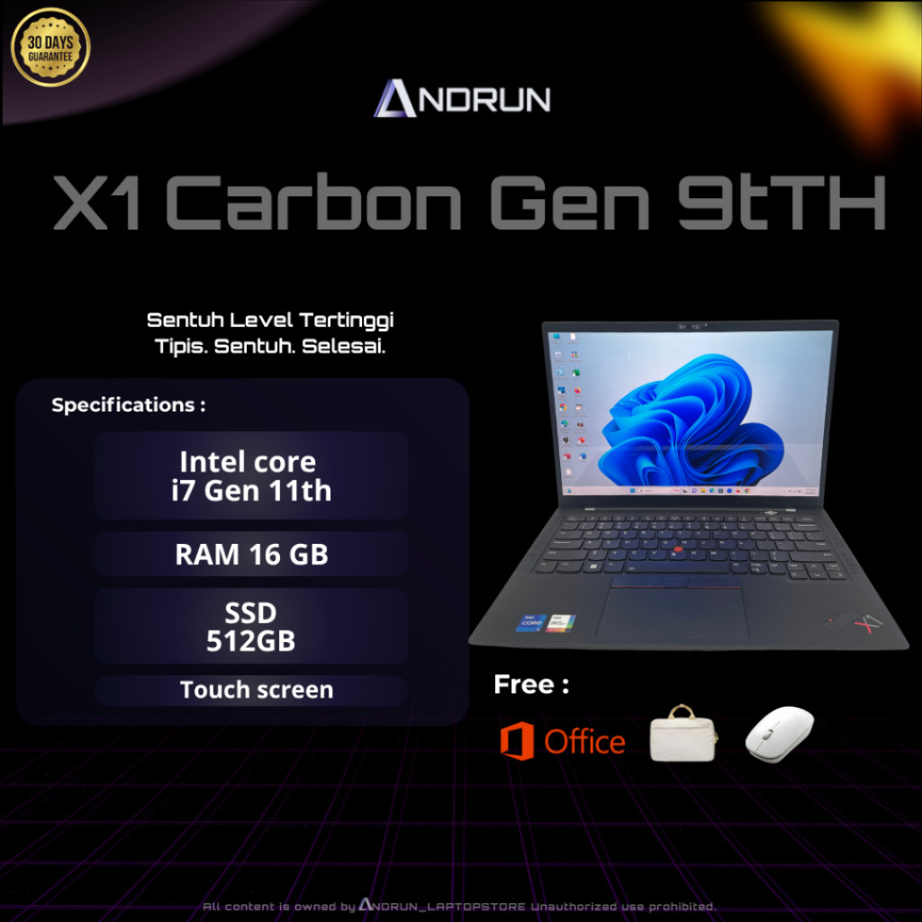 LAPTOP SEKEN X1 Carbon Gen 9 || CORE i7 GEN 11th || RAM 16GB/32GB  SSD 512GB Touchscreen and No Touc