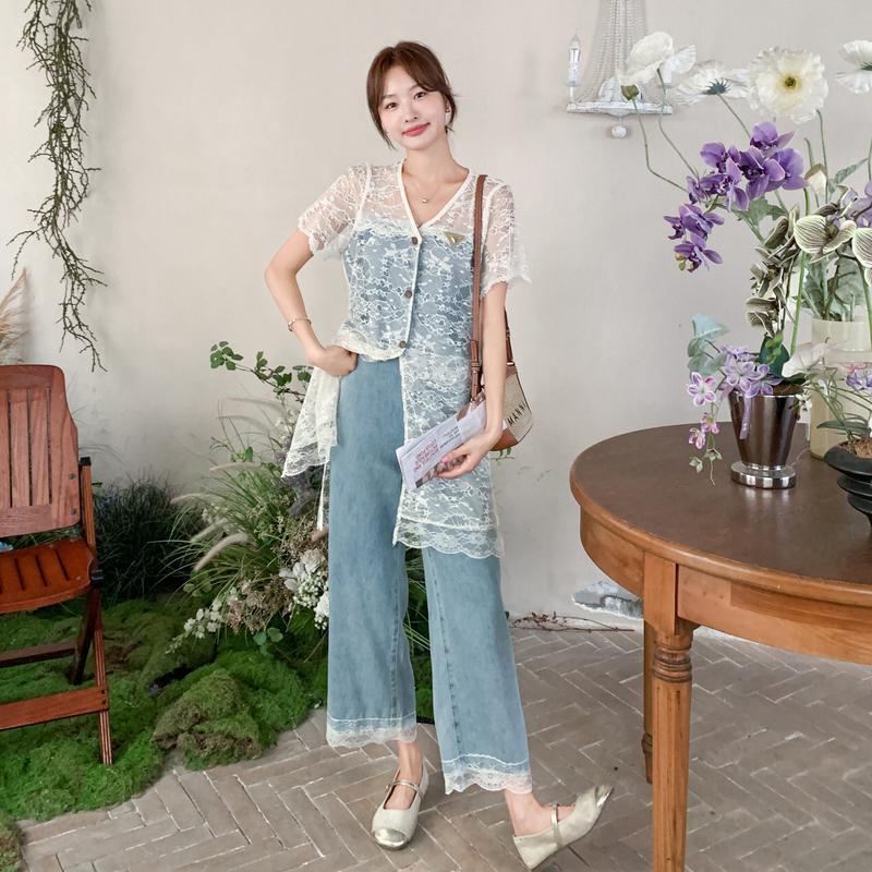 Set Baju Wanita Kasual Harian, Atasan Renda Elegan + Celana Jeans Potongan Lurus