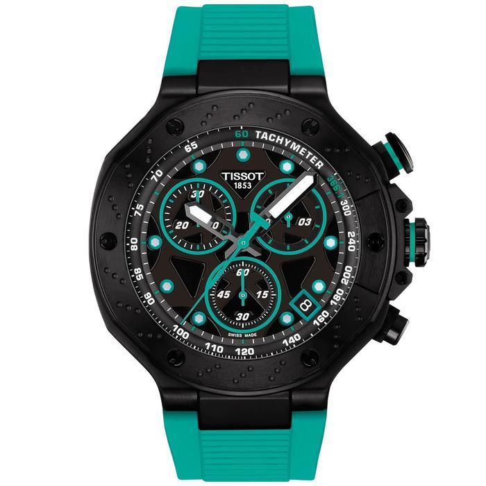 Tissot T-Race 45mm Chronograph Black Dial Green Synthetic Strap Watch Jam Tangan Pria Original T141.