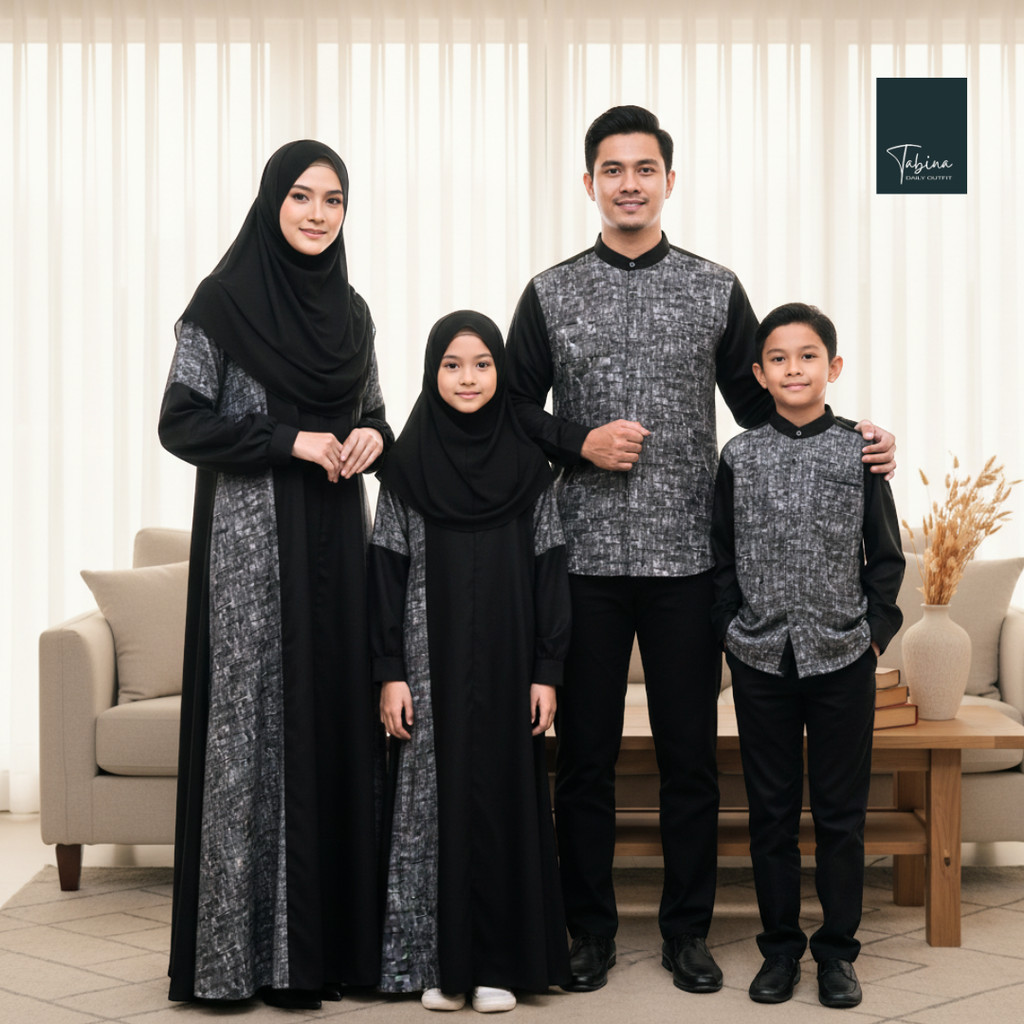 Couple Sarimbit Seragam Keluarga TABINA Seri Arsyad Aisyah Hitam usia 2 tahun hingga Dewasa XXL