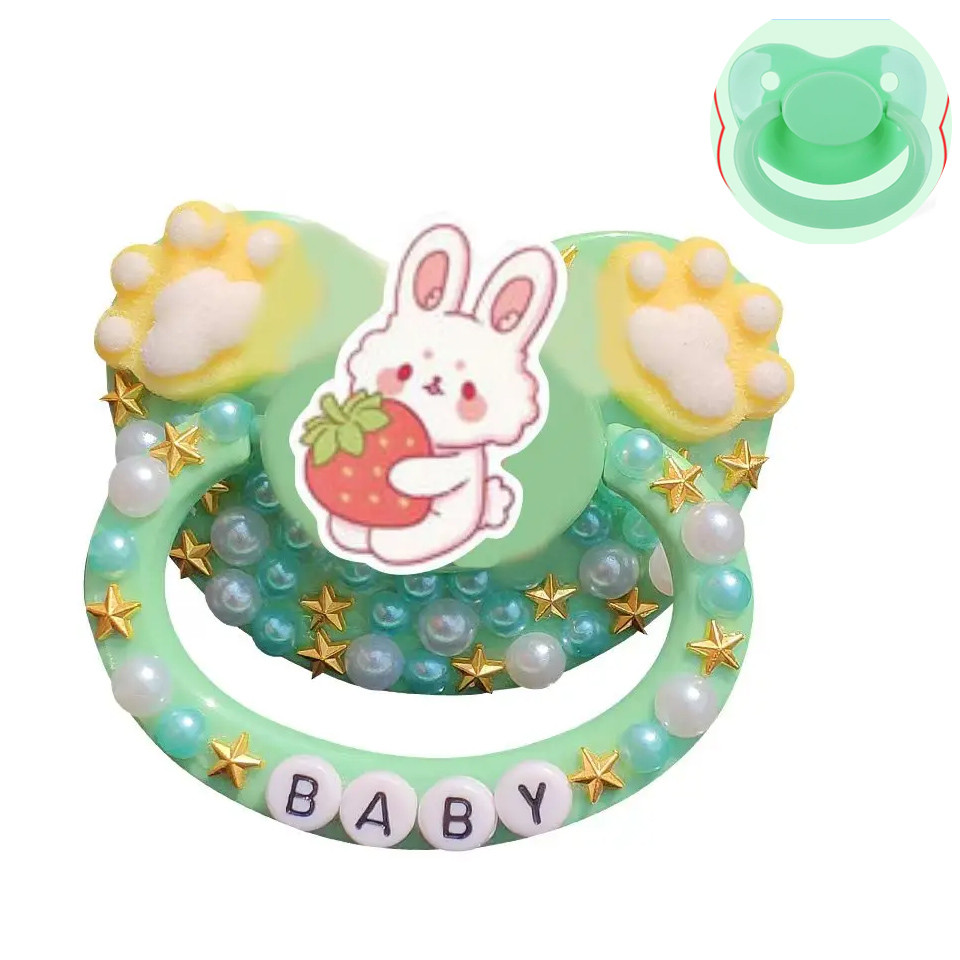 unique handmade bling Green strawberry rabbit adult pacifier Adult Sized Cute Gem Pacifier Dummy  Si