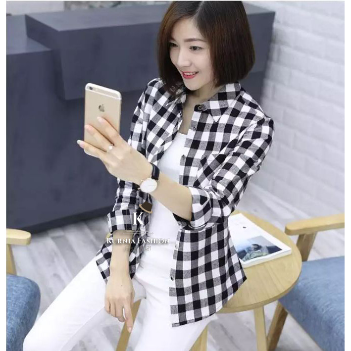 Kemeja Flanel Wanita Kotak-kotak Hitam dan Putih / Kemeja Wanita Kotak kotak Viral Tiktok Lengan Pan
