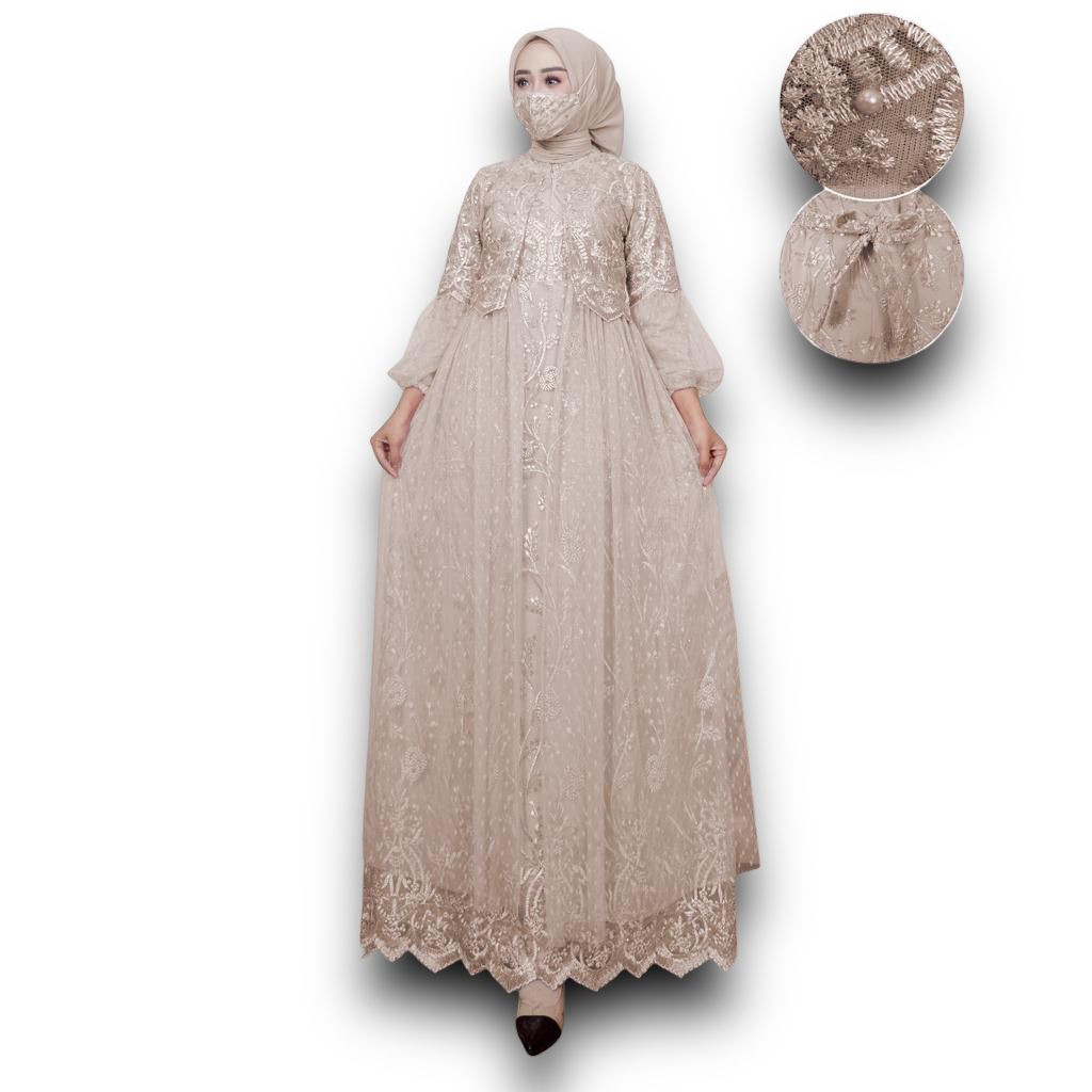 GAMIS BUSUI VANESA/ FULL BRUKAT DEPAN BELAKANG/ GAMIS MODEL ROMPI TILE DOT/ TANGAN BALON / GAMIS BRU
