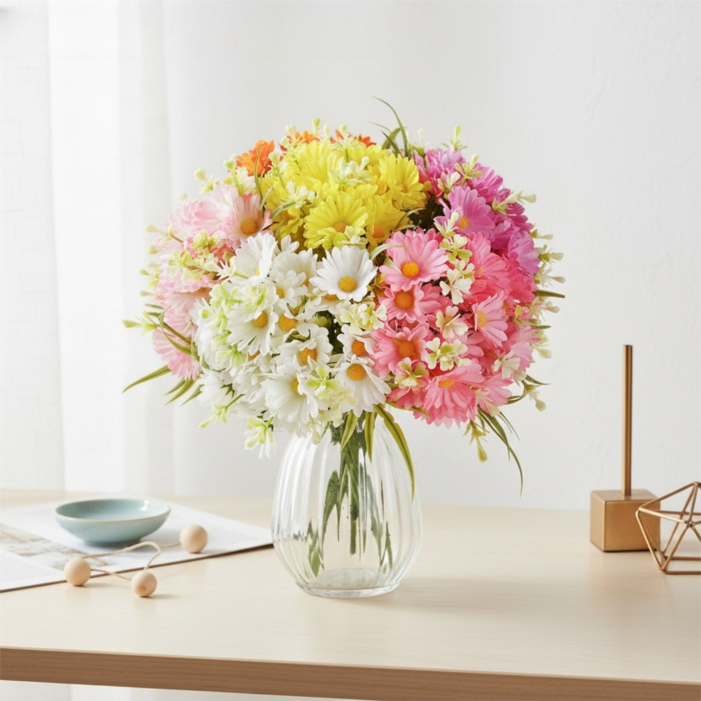 Mini Buket Aster Daisy Artificial - 8 Cabang 24 Kepala Realistis Aksesoris Hias Tempat Makan