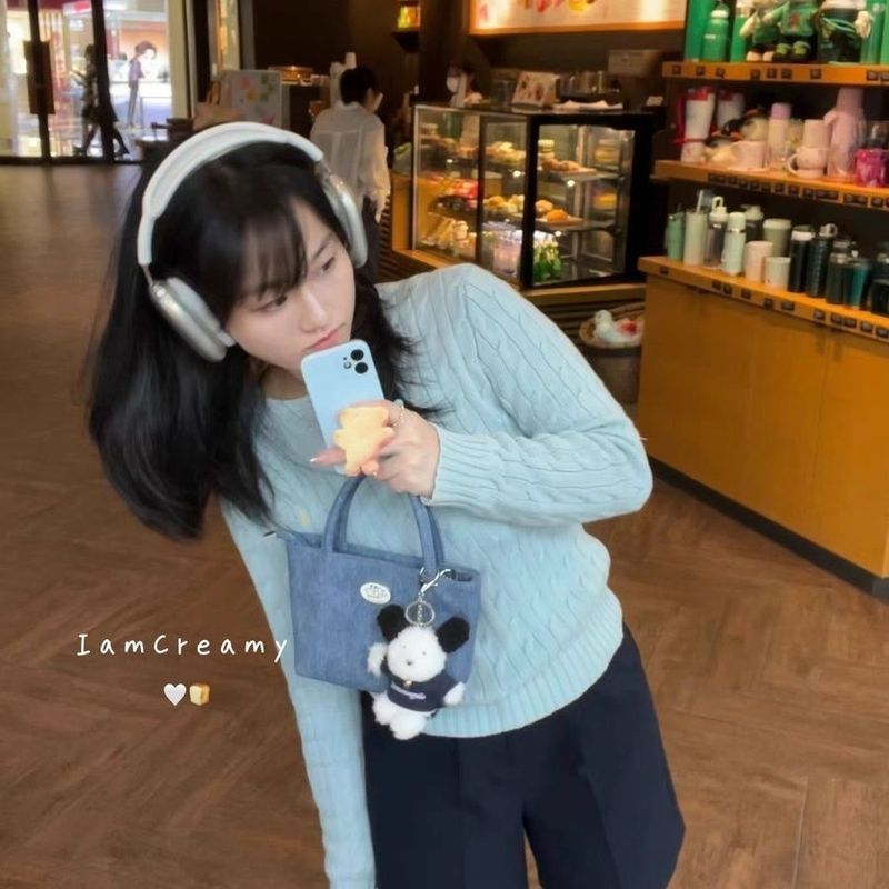 [Amy] Tas kanvas biru denim khusus baru Korea tekstur sederhana tas selempang warna solid retro