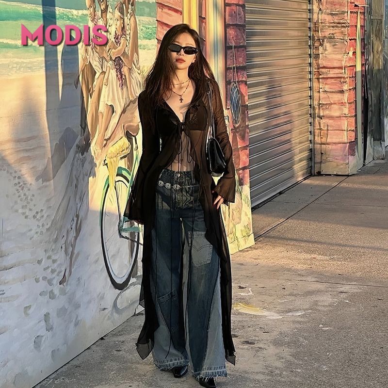 MODIS Kemeja Atasan Wanita Kaos Hitam Lengan Panjang Mesh Asimetris Gothic Trendi
