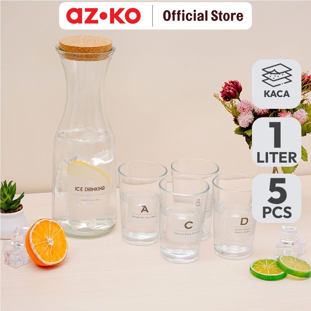 AZKO Culinart Lateru Teko & Gelas Kaca 1 Ltr Set 5 Pcs Transparan Teko Gelas Water Jug Teko Kaca Pit