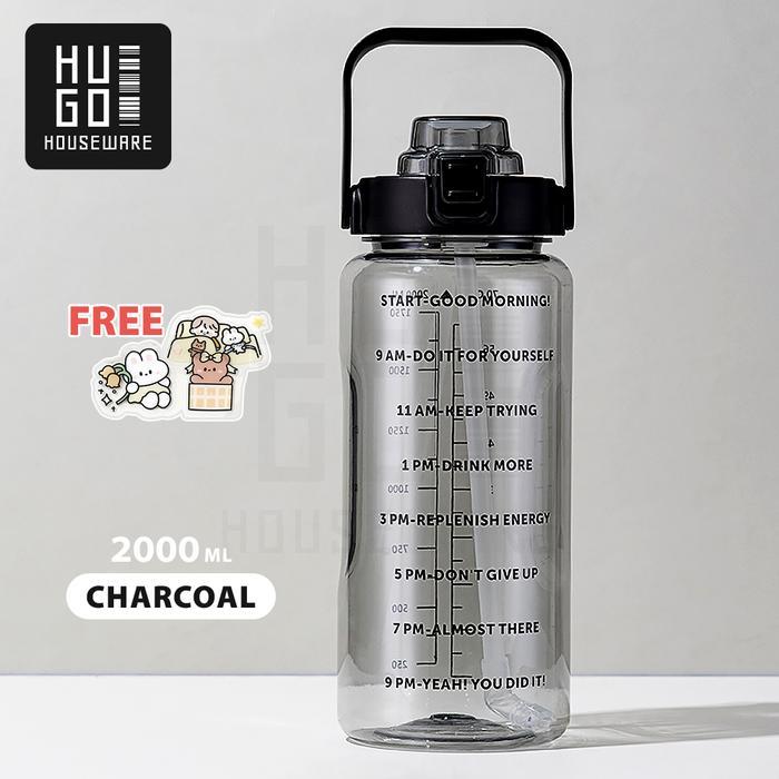 HUGO Botol Minum Motivasi 2 Liter Bening Gratis Stiker - Hitam