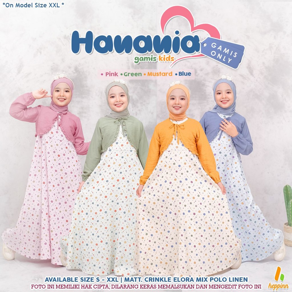 Heppinn Hanania Gamis Anak Perempuan Green Mustard Pink Blue Crinkle Elora Variasi Bolero Outer Cute