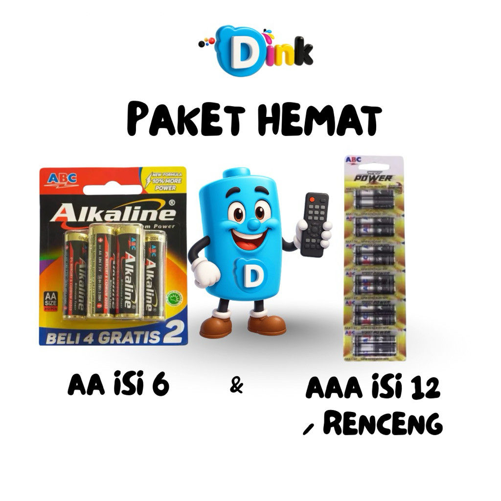 Paket Baterai ABC 1Pcs Alkaline AA Isi 6 dan 1Pcs Renceng AAA Super Power Isi 12