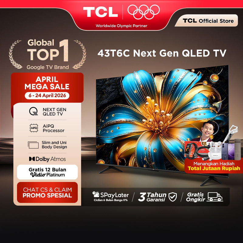 TCL Next Gen QLED 43 inch T6C - 4K Google TV - HVA Panel - HDR 10+ - Dolby Vision & Atmos - Google A