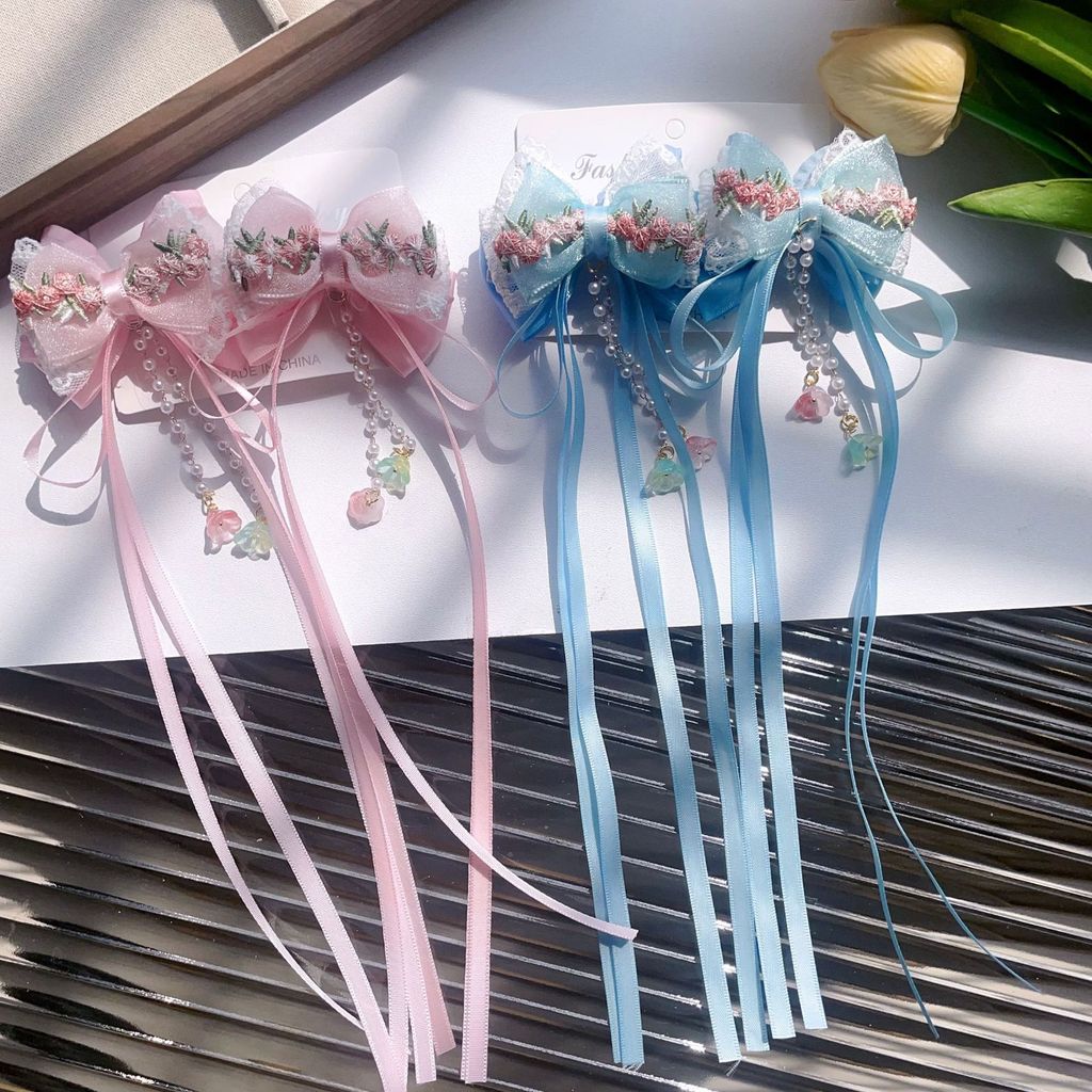 Mori girl style Pastoral Style Little girl with ribbon bow Embroidery clip Hairpin