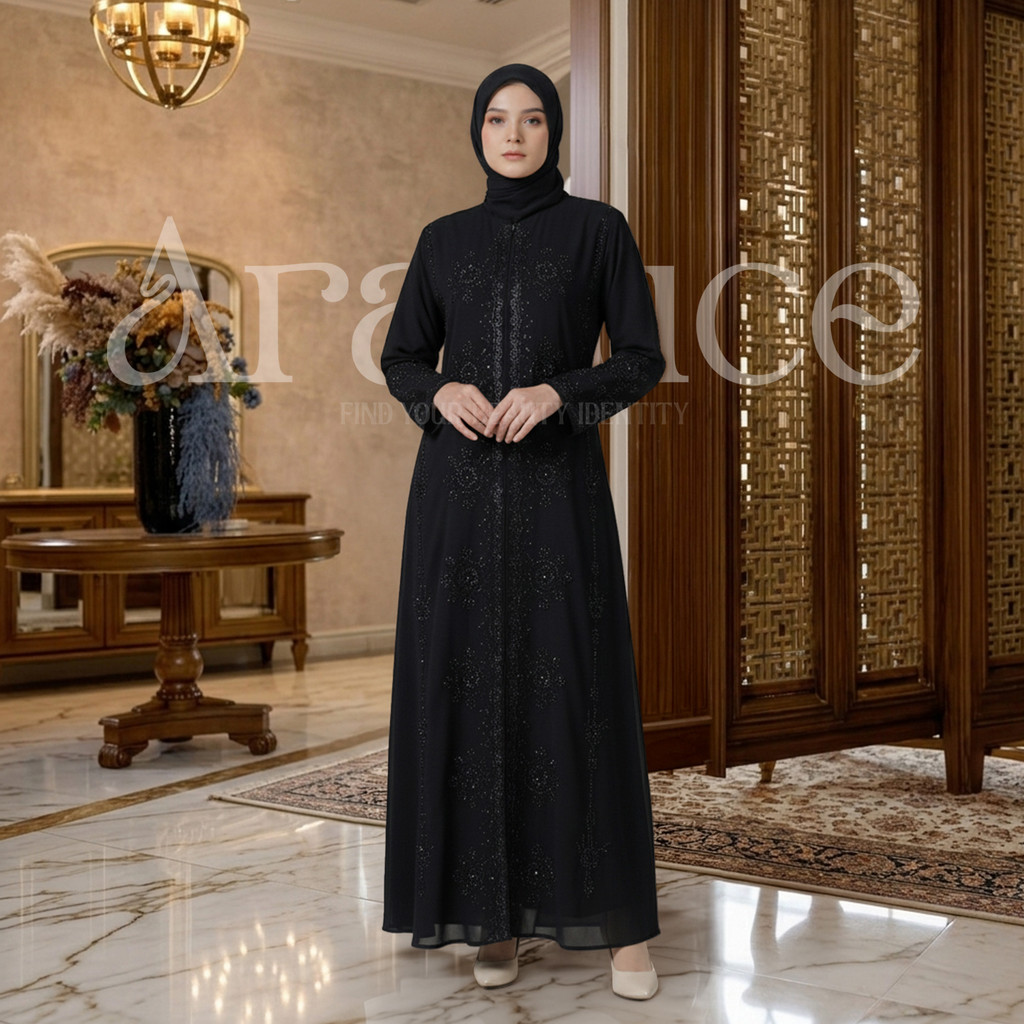 ARALLUCE 076 Gamis Muslimah Putih Gold Gliter Dress Mewah Abaya Model Terbaru