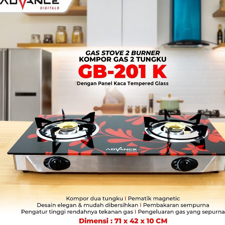 Kompor LPG / Gas Kaca 2 tungku Advance GB 201K, dengan Tempered Glass Kompor Kaca Advance / Advance 