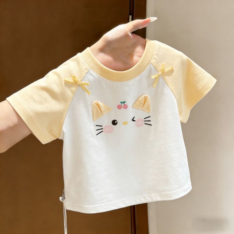 Kaos Anak Lengan Pendek Katun 3D Bergambar Kucing Lucu Dengan Pita