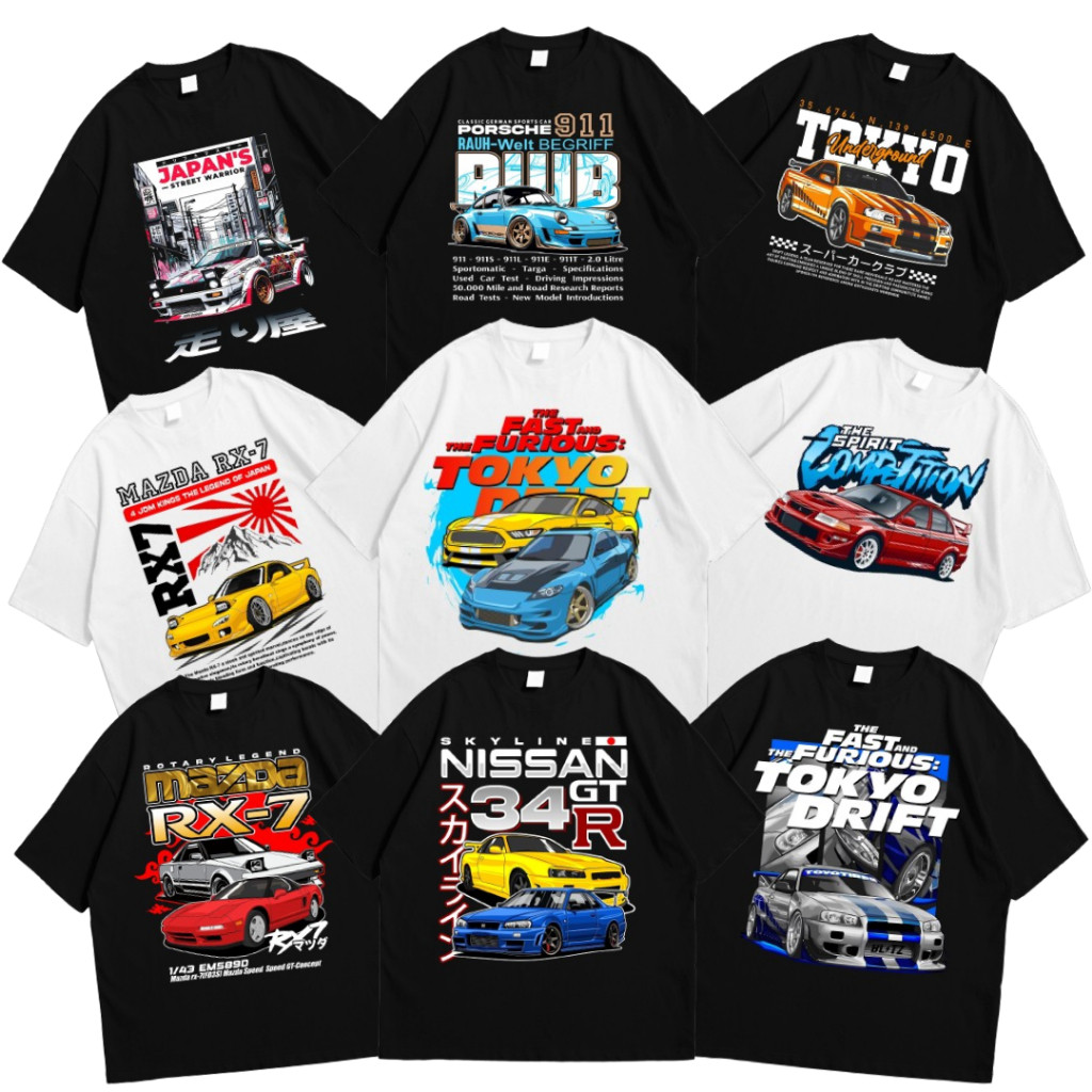 Baju Motif Mobil Classic Jepang Kaos Pria Lengan Pendek Warna Hitam Putih