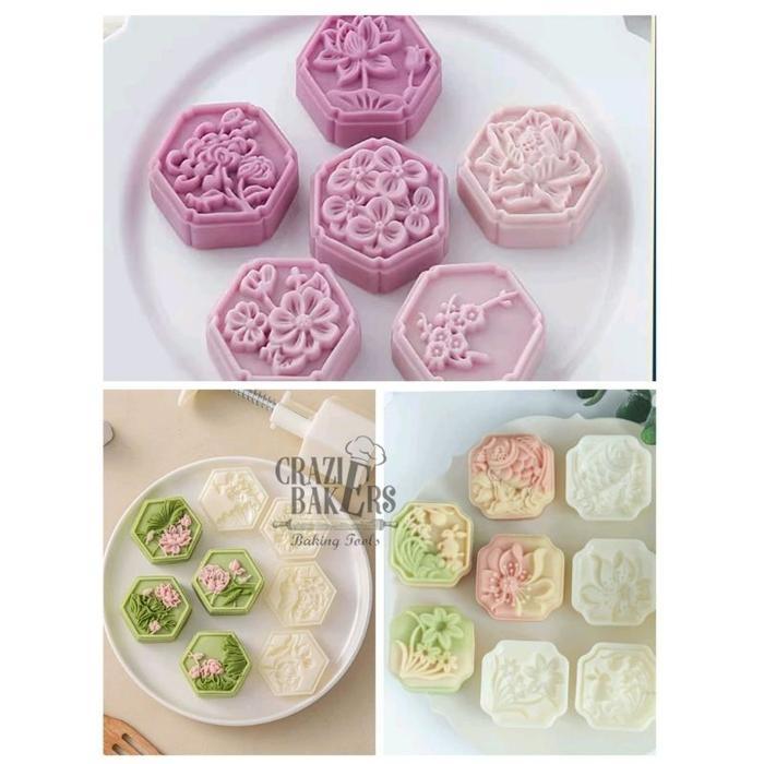 Cetakan Kue Bulan Hexagon Square 50 GR Bunga Peony Camellia - Rabbit Lotus Koi FishMooncake Mold