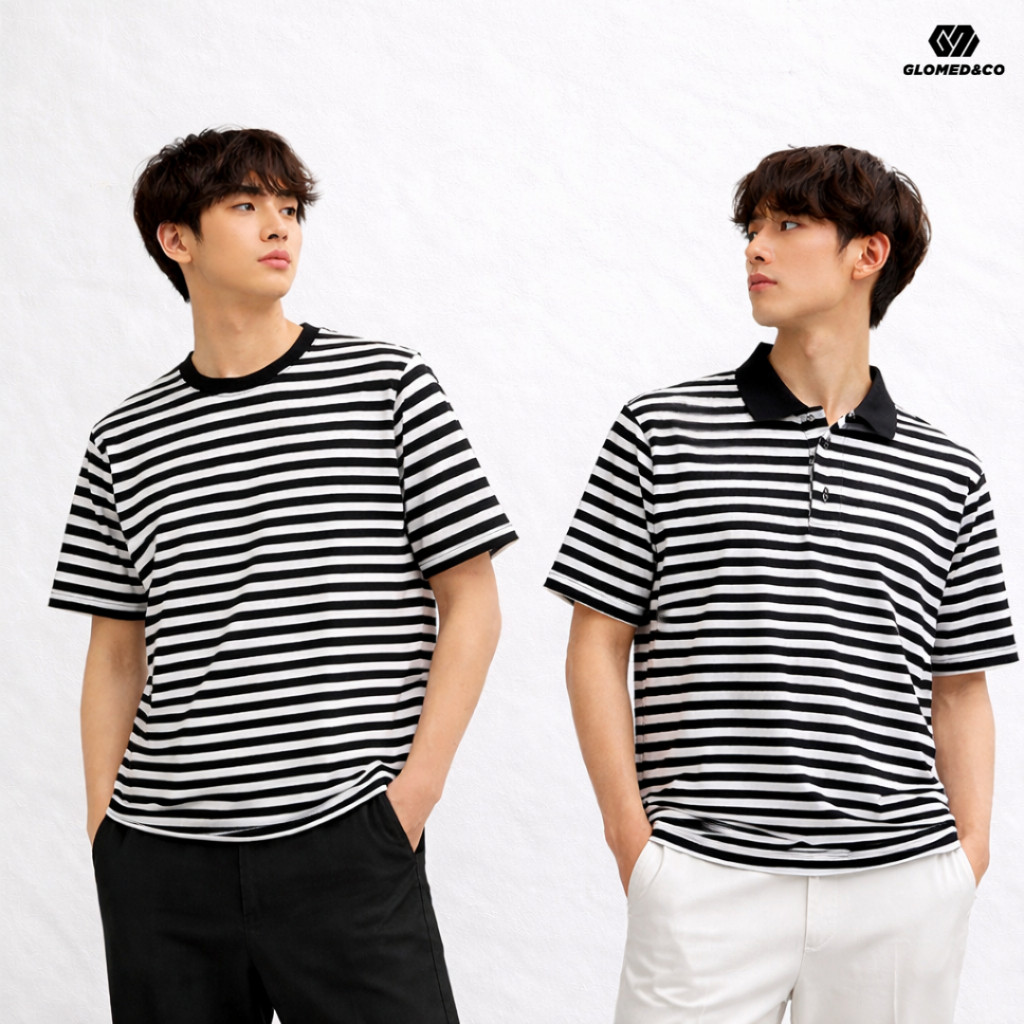 Kaos Salur Pria Wanita Stripe T-Shirt Hitam Putih Black White Cotton Combed - Baju Kaos Garis Lengan