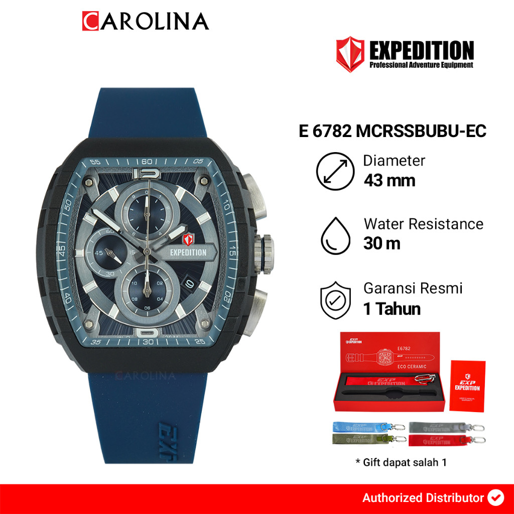 Jam Tangan Pria Expedition Exp Chronograph E 6782 MCRSSBUBU-EC Black Dial Blue Rubber Strap